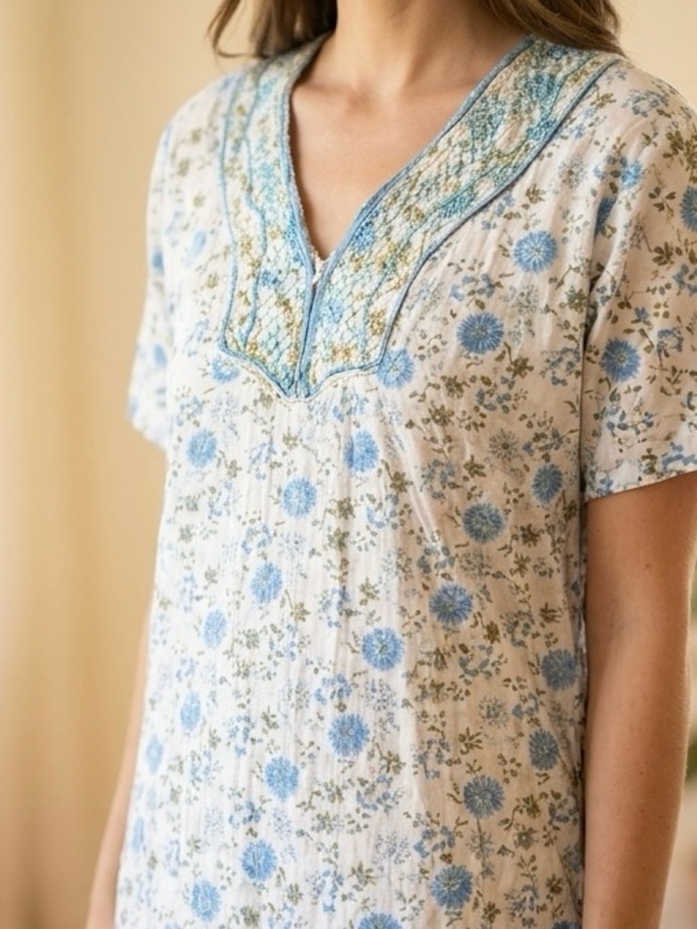 Vintage High BB Sami Indian Cotton Floral Kaftan Maxi Dress Lounger XL Blue Boho